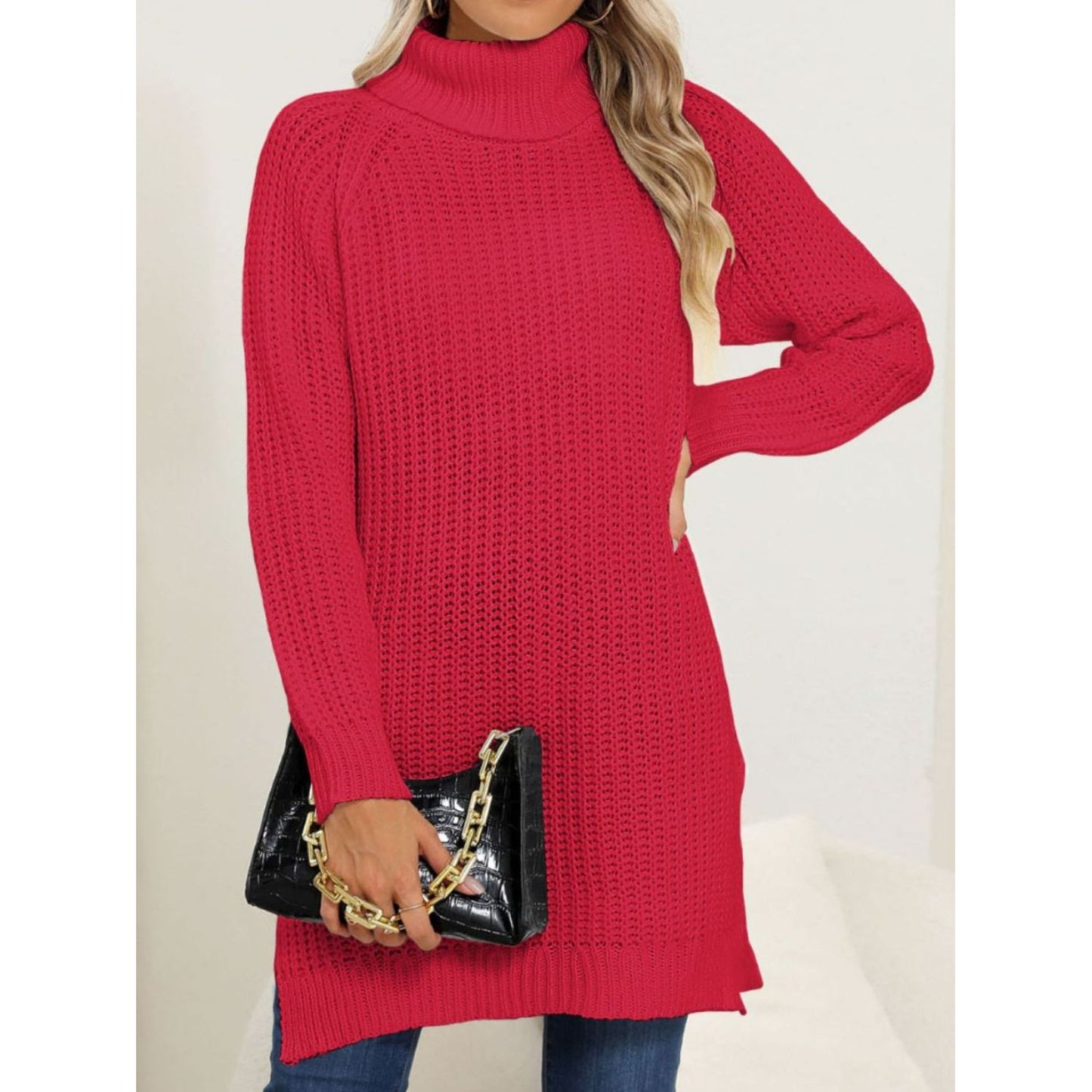 Slit Turtleneck Long Sleeve Sweater