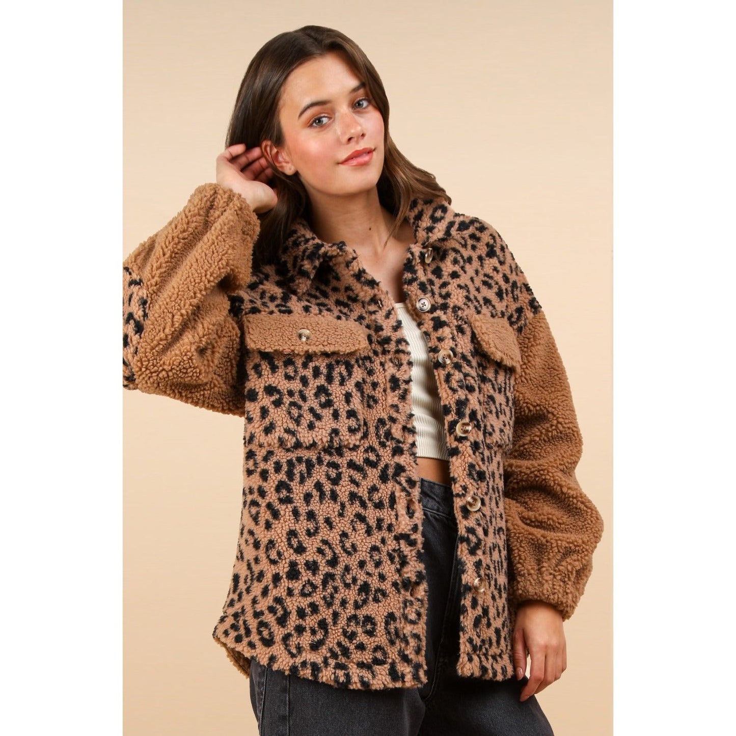 VERY J Fuzzy Leopard Button Down Long Sleeve Jacket