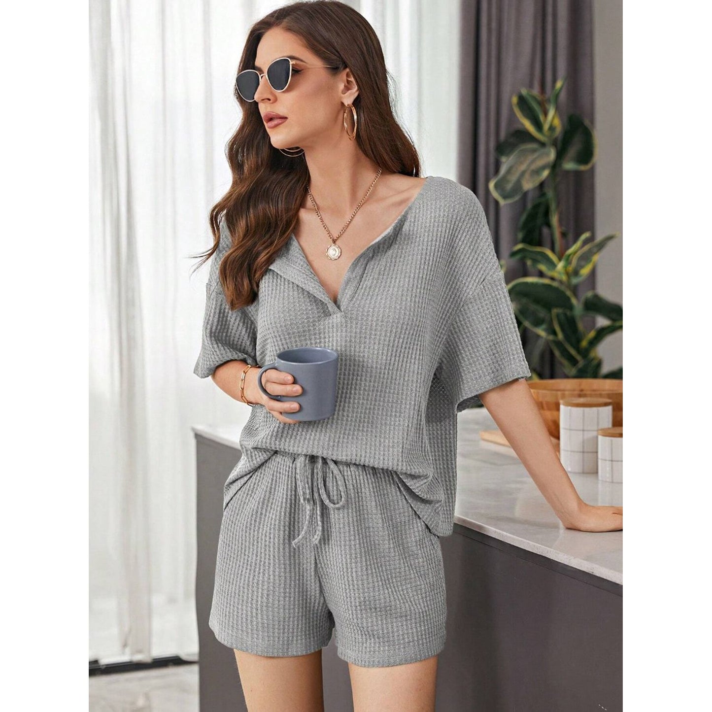 Full Size Waffle-Knit Dropped Shoulder Top and Shorts Set