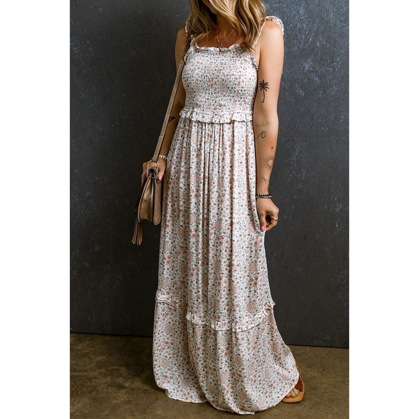 Ruffled Smocked Printed Sleeveless Maxi Dress