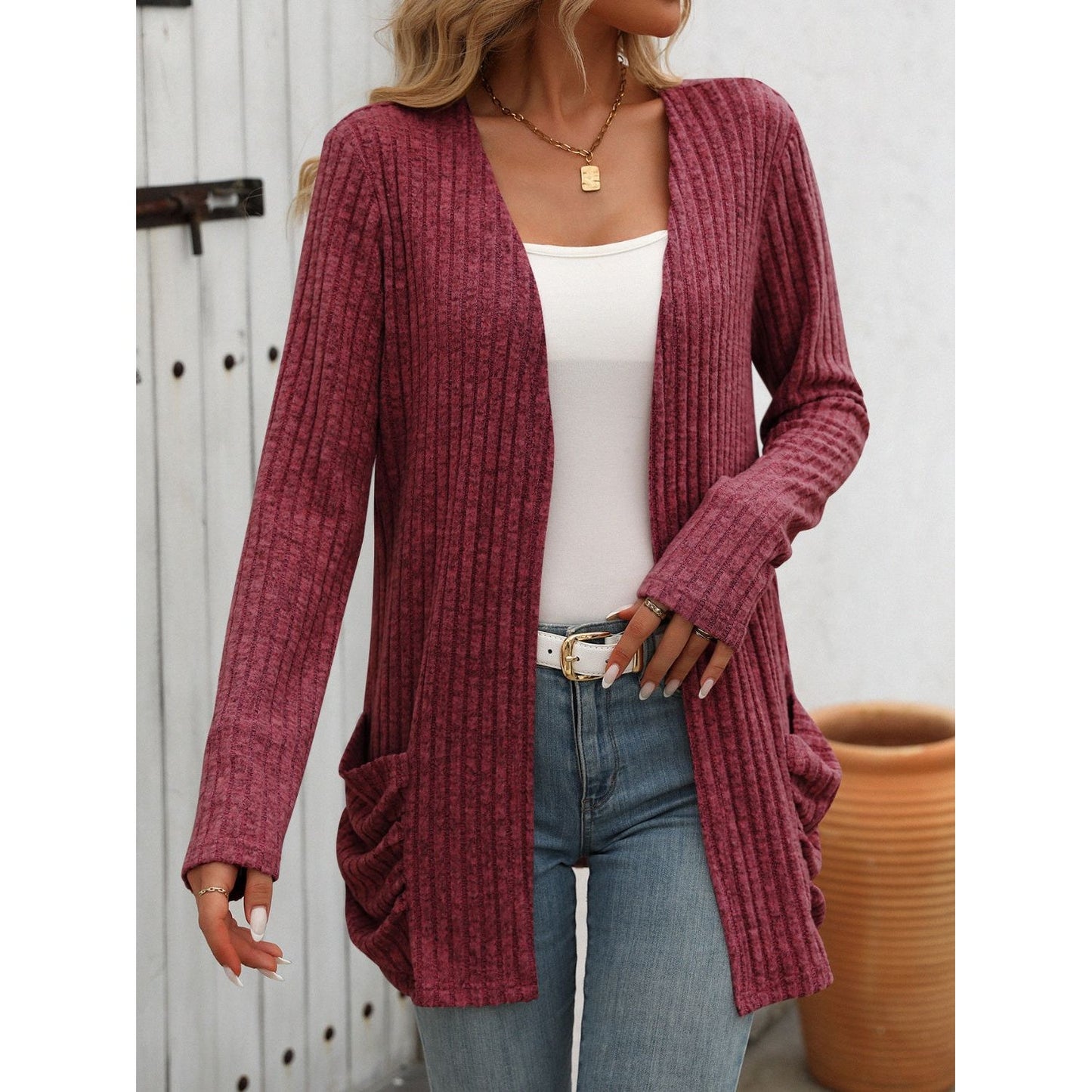 Open Front Long Sleeve Ribbed Cardigan