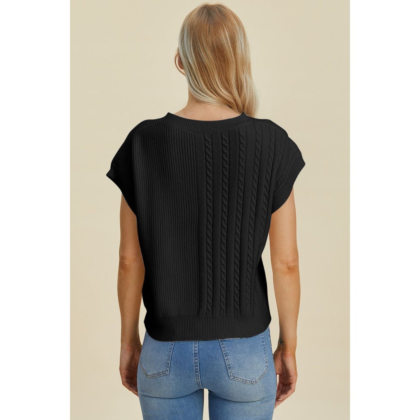 Double Take Full Size Cable-Knit Round Neck Short Sleeve Sweater