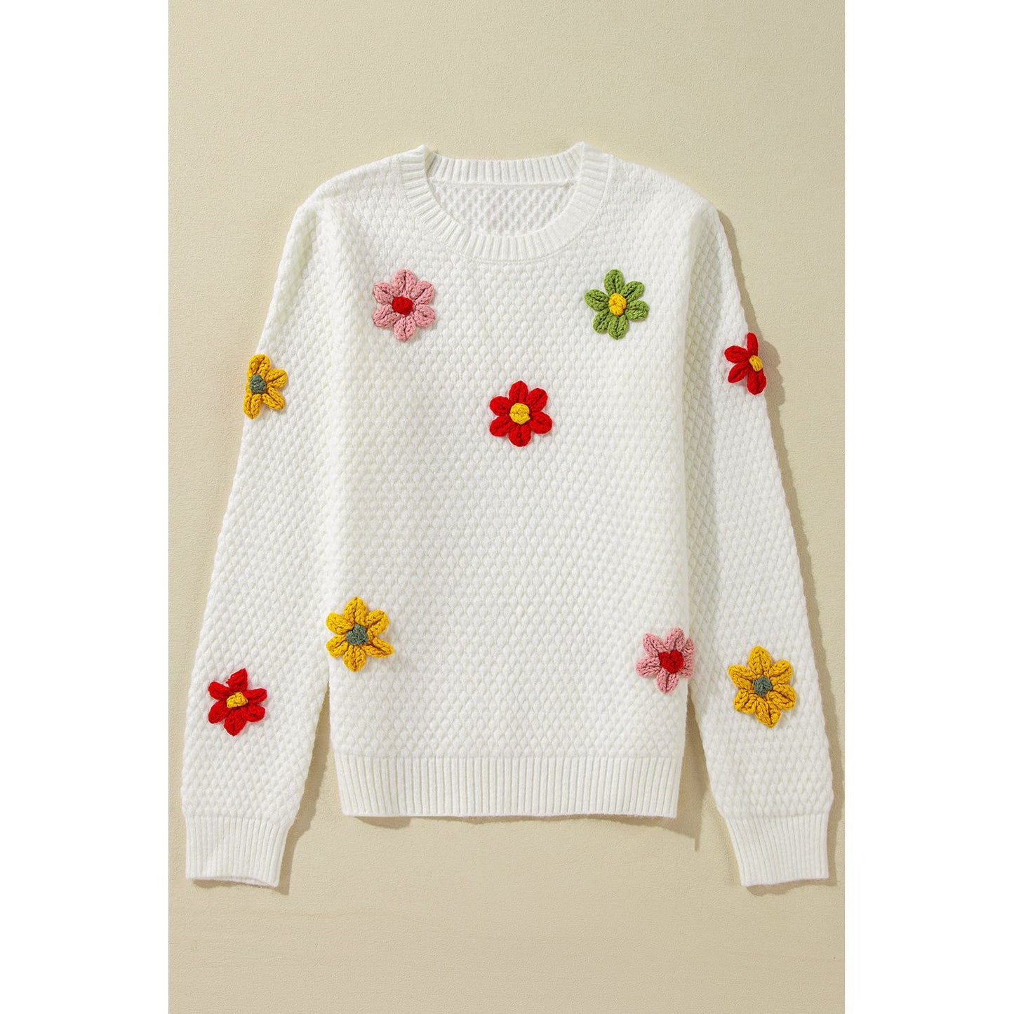 Crochet Flower Round Neck Long Sleeve Sweater