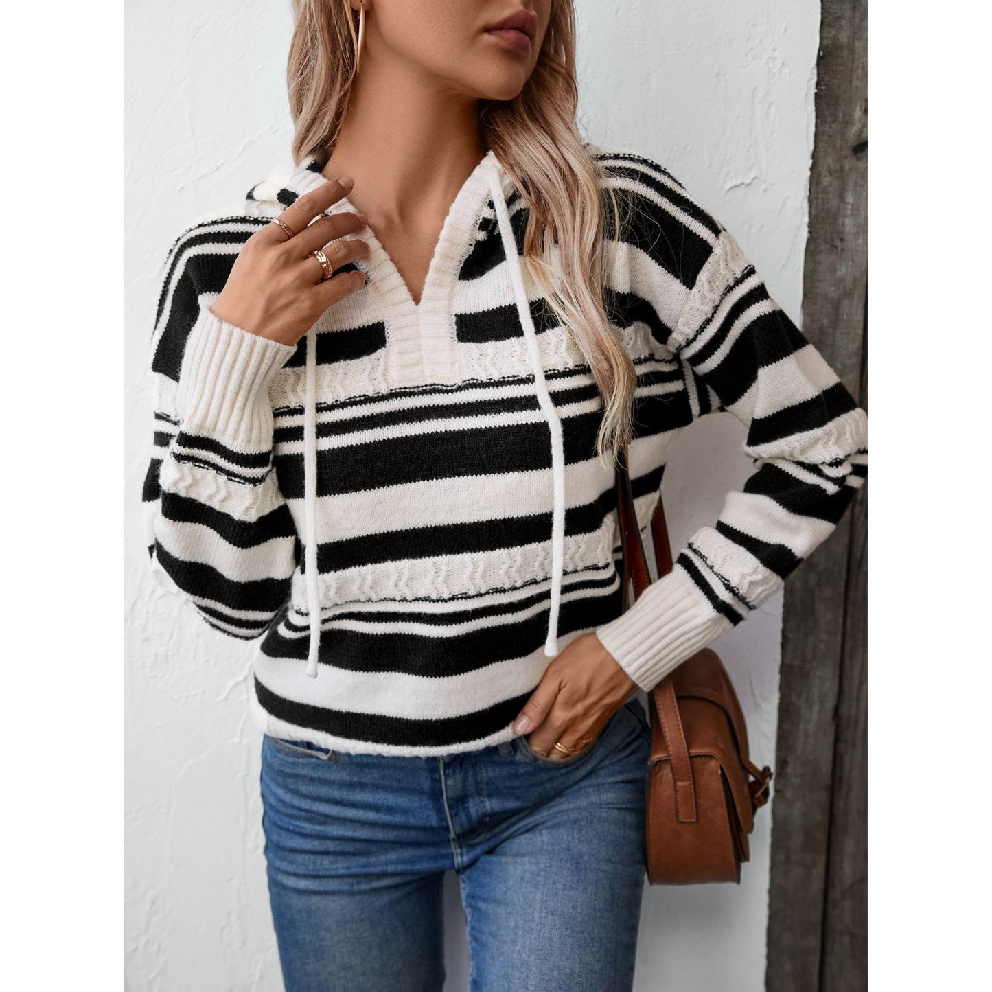 Drawstring Striped Long Sleeve Hooded Sweater