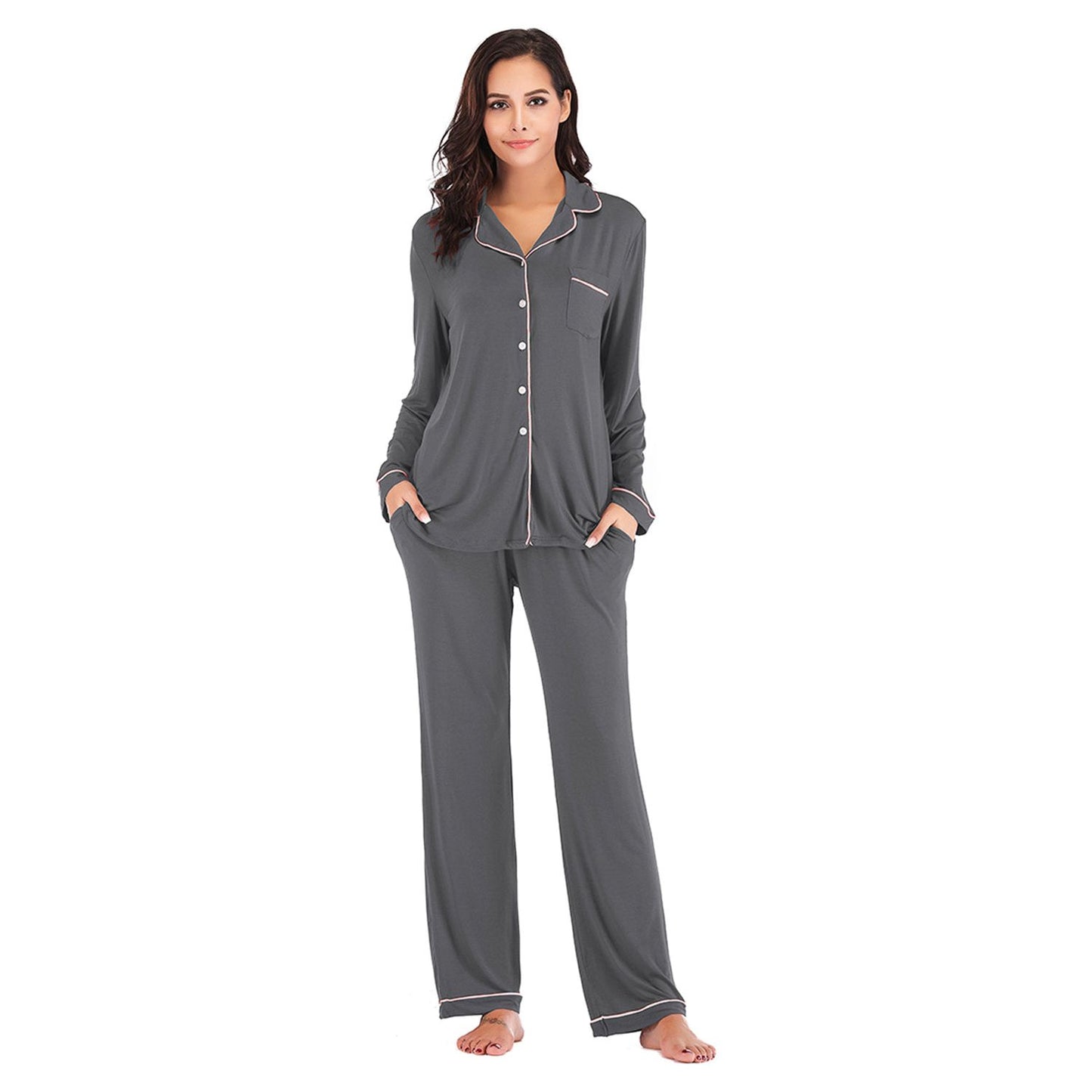 Collared Neck Long Sleeve Loungewear Set with Pockets