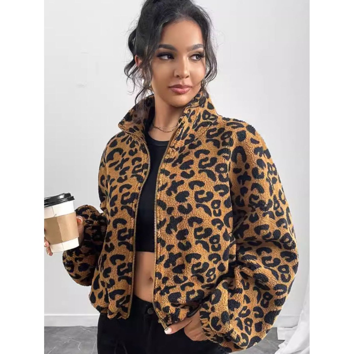 Leopard Zip Up Long Sleeve Jacket