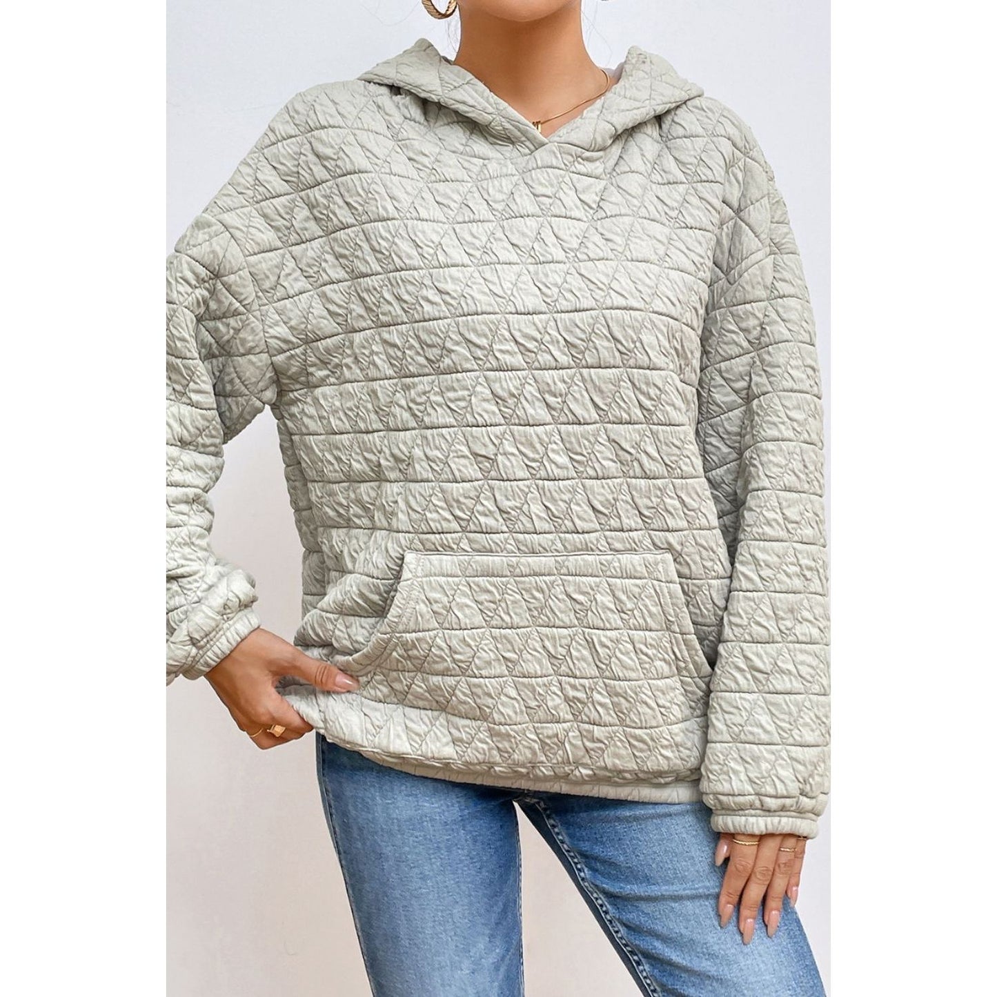 Quilted Long Sleeve Hoodie with Pocket