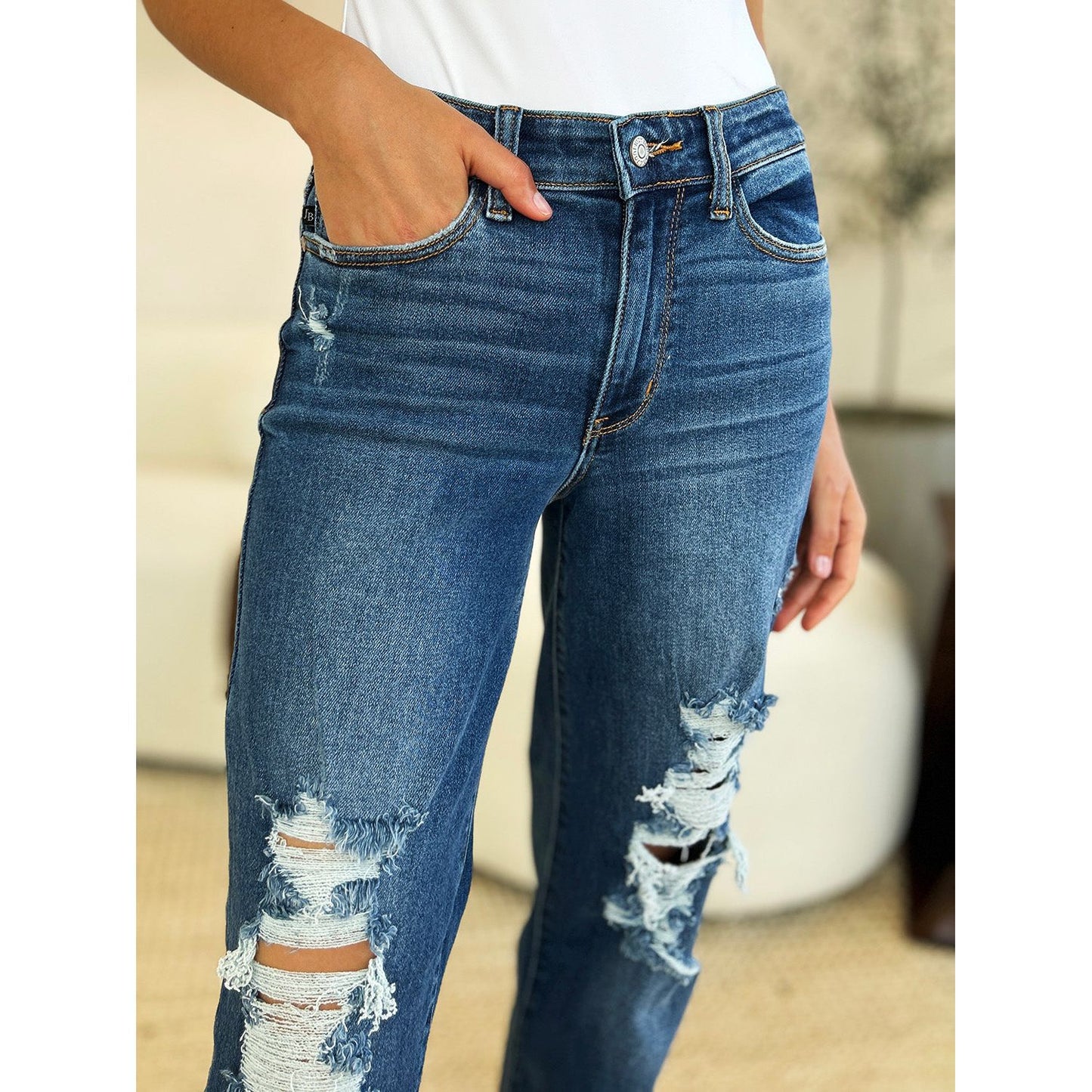 Judy Blue Full Size Mid Rise Distressed Raw Hem Jeans