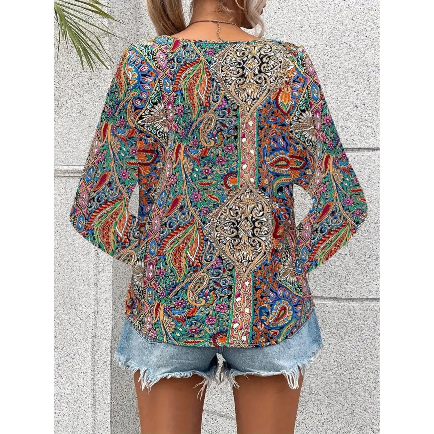 Printed V-Neck Long Sleeve Blouse