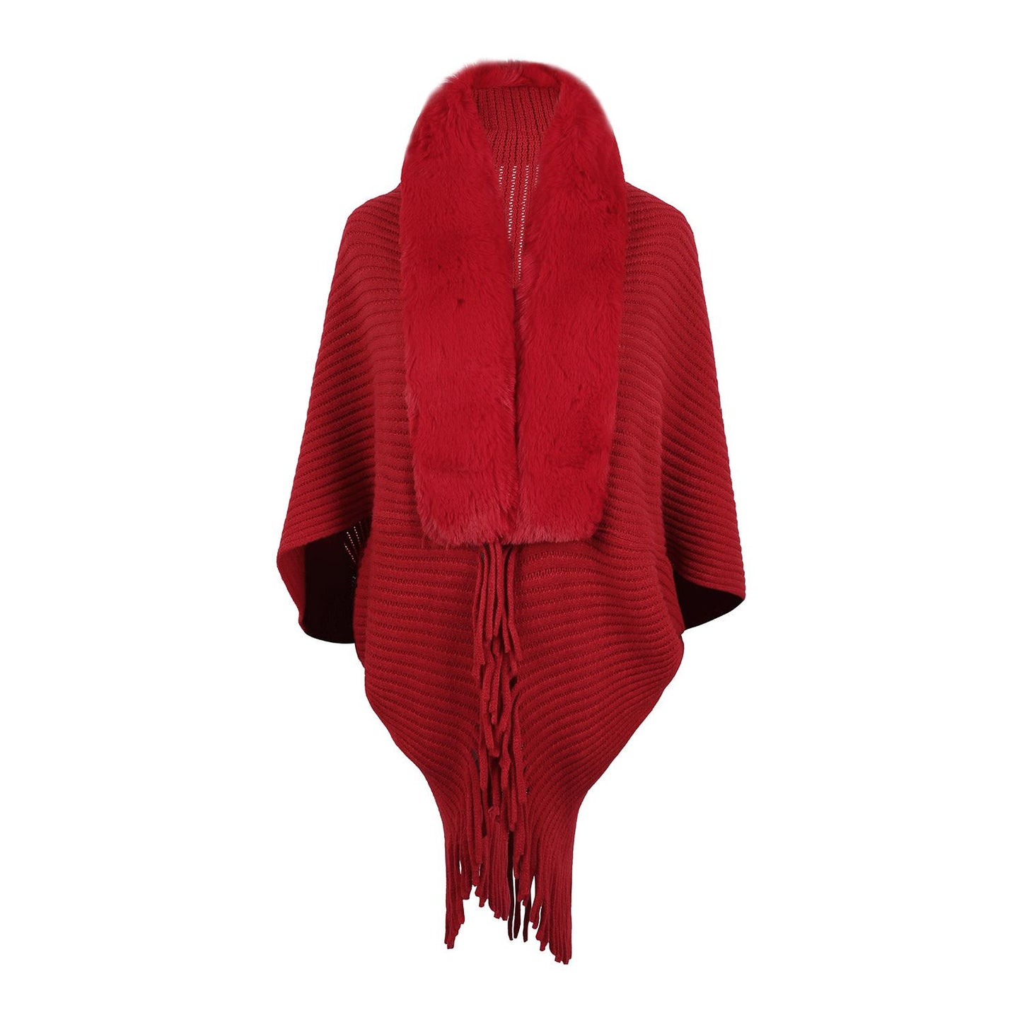 Fringe Detail Long Sleeve Ribbed Poncho