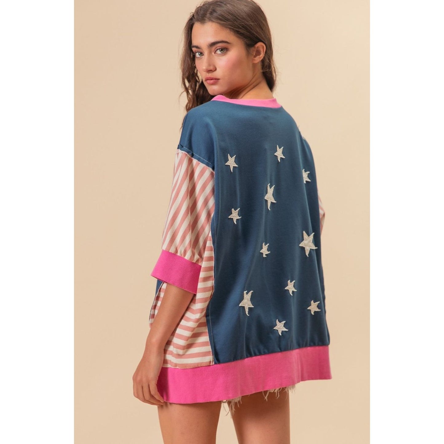 BiBi US Flag Theme Color Block Star Patch T-Shirt