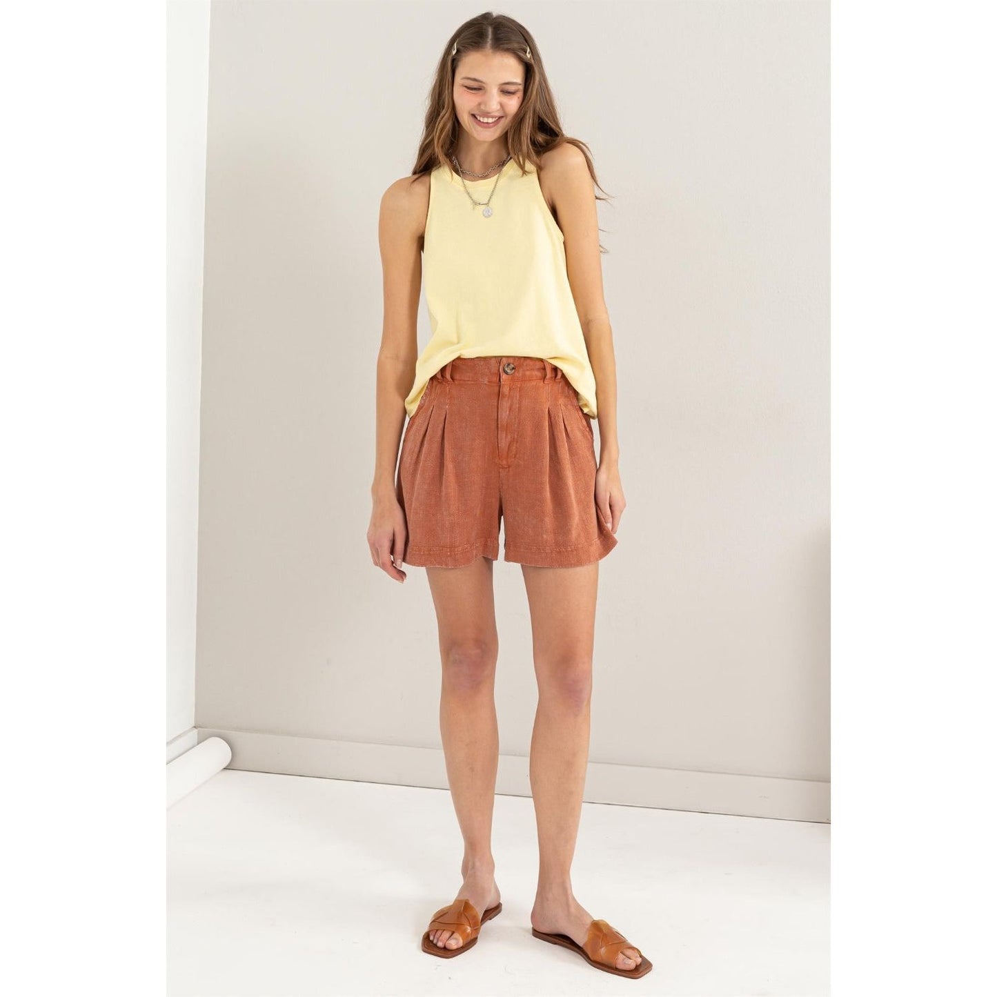 HYFVE High Waist Pleated Linen Shorts