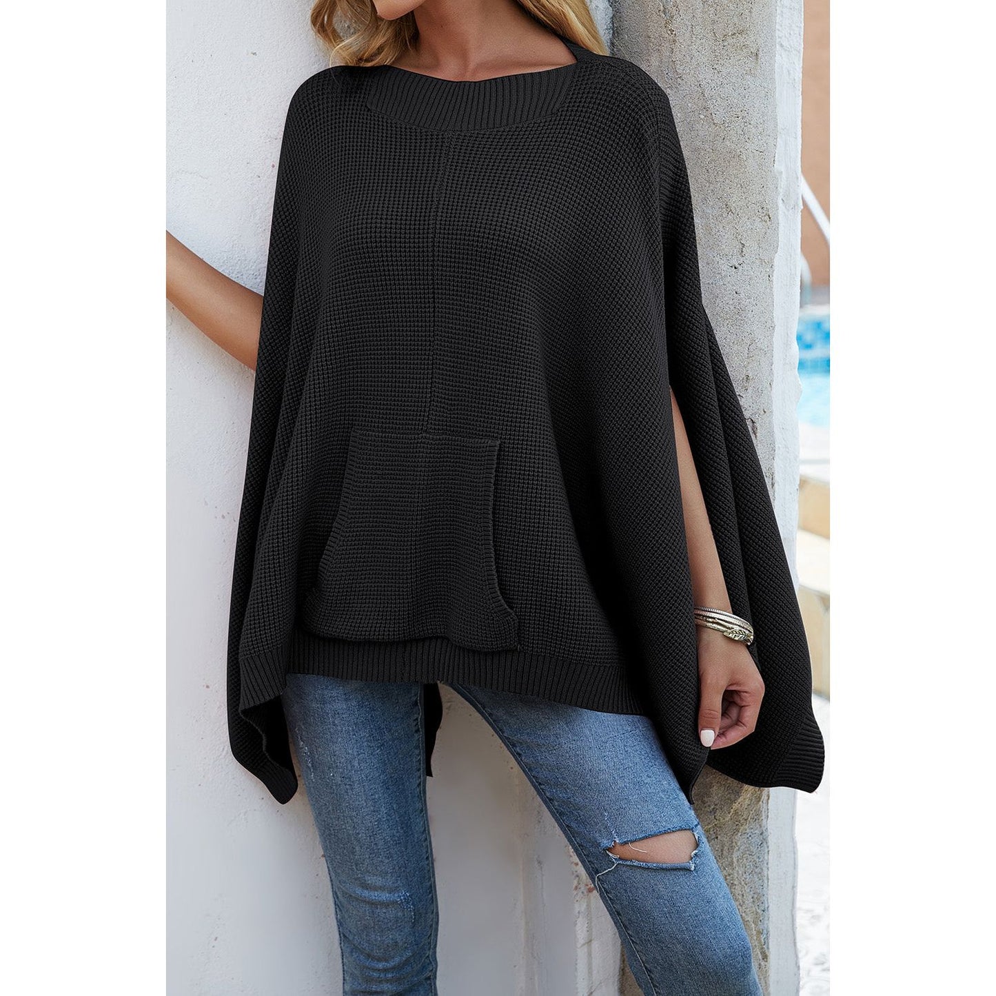 Waffle-Knit Pocketed Cape Sleeve Sweater