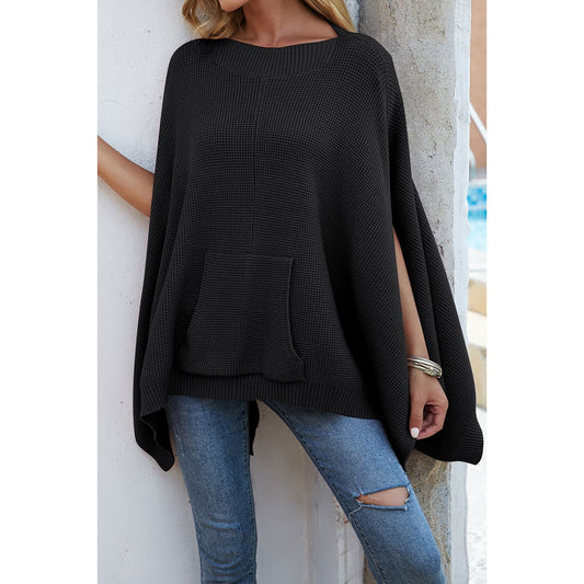 Waffle-Knit Pocketed Cape Sleeve Sweater