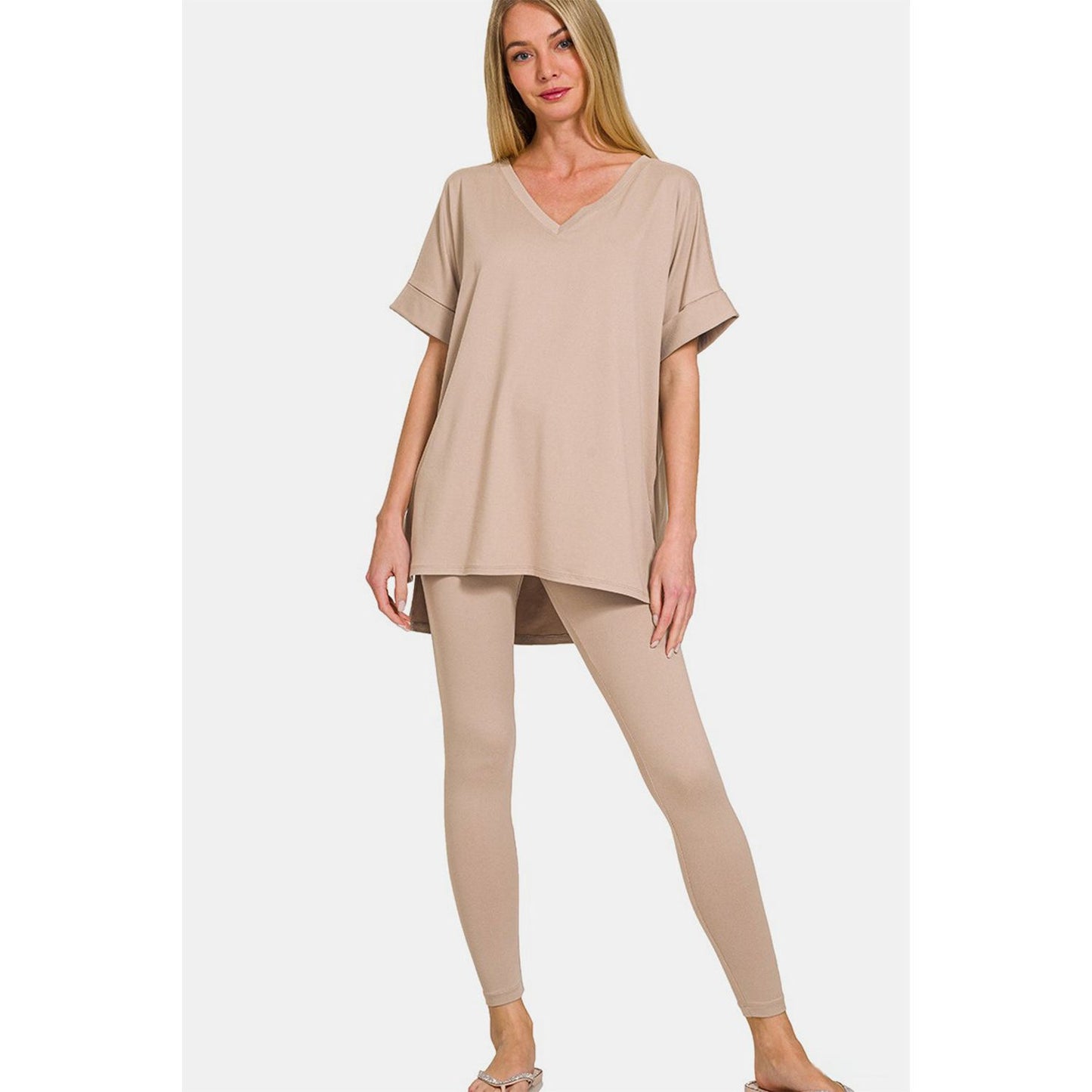 Zenana Full Size V-Neck Rolled Short Sleeve T-Shirt and Leggings Lounge Set