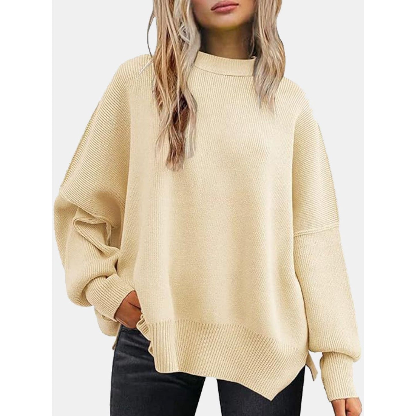 Round Neck Drop Shoulder Slit Sweater