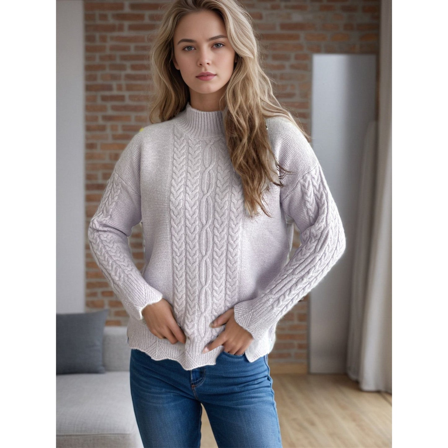 Cable-Knit Mock Neck Dropped Shoulder Sweater