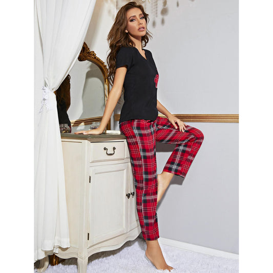 Heart Graphic V-Neck Top and Plaid Pants Lounge Set