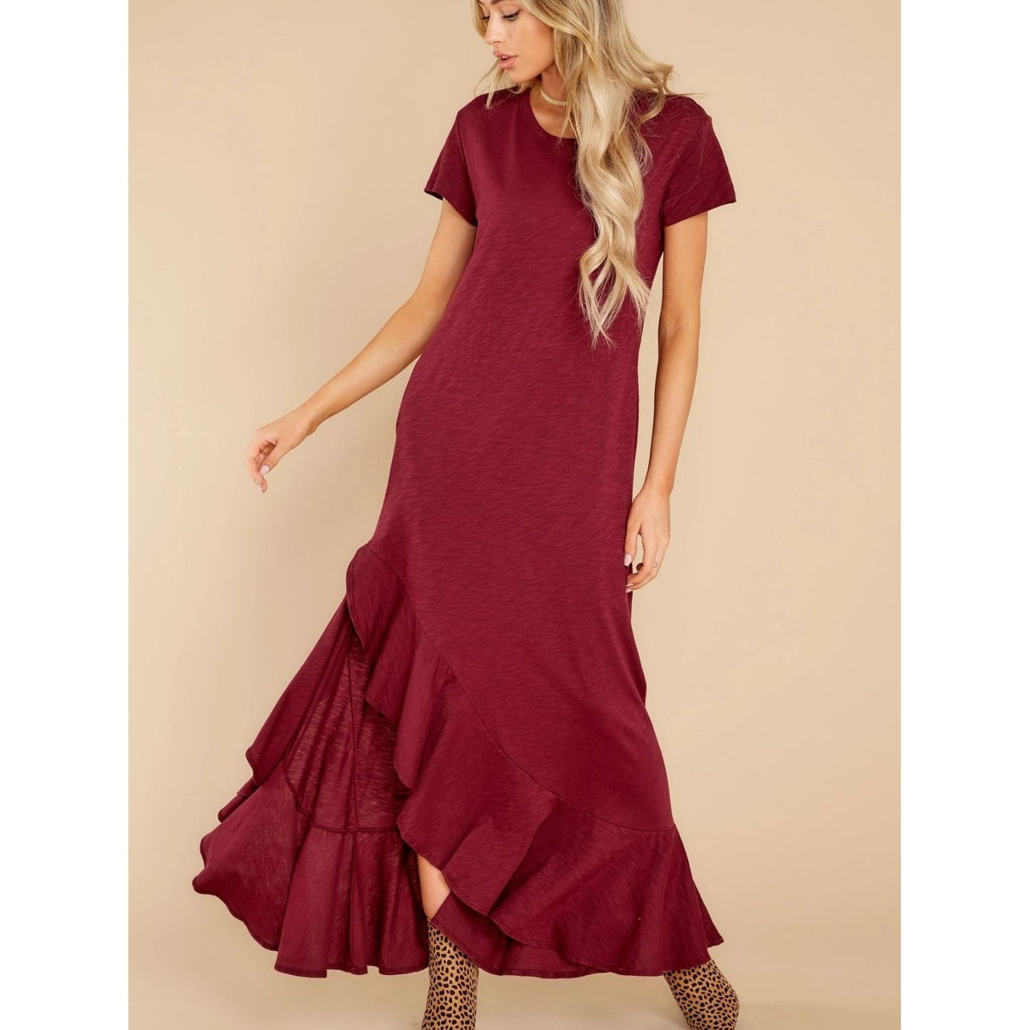 Slit Round Neck Short Sleeve Maxi Dress