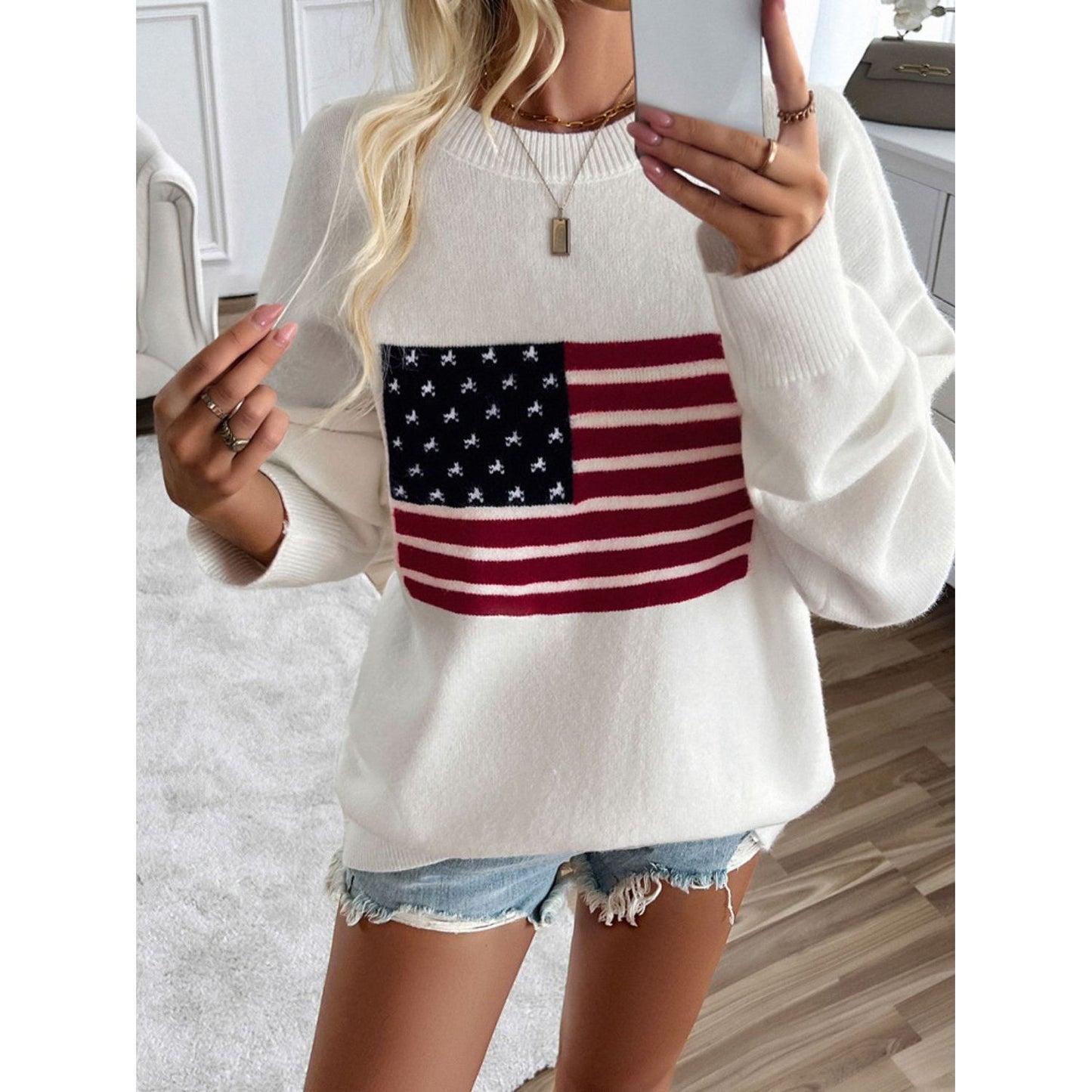 Devine US Flag Round Neck Long Sleeve Knit Top