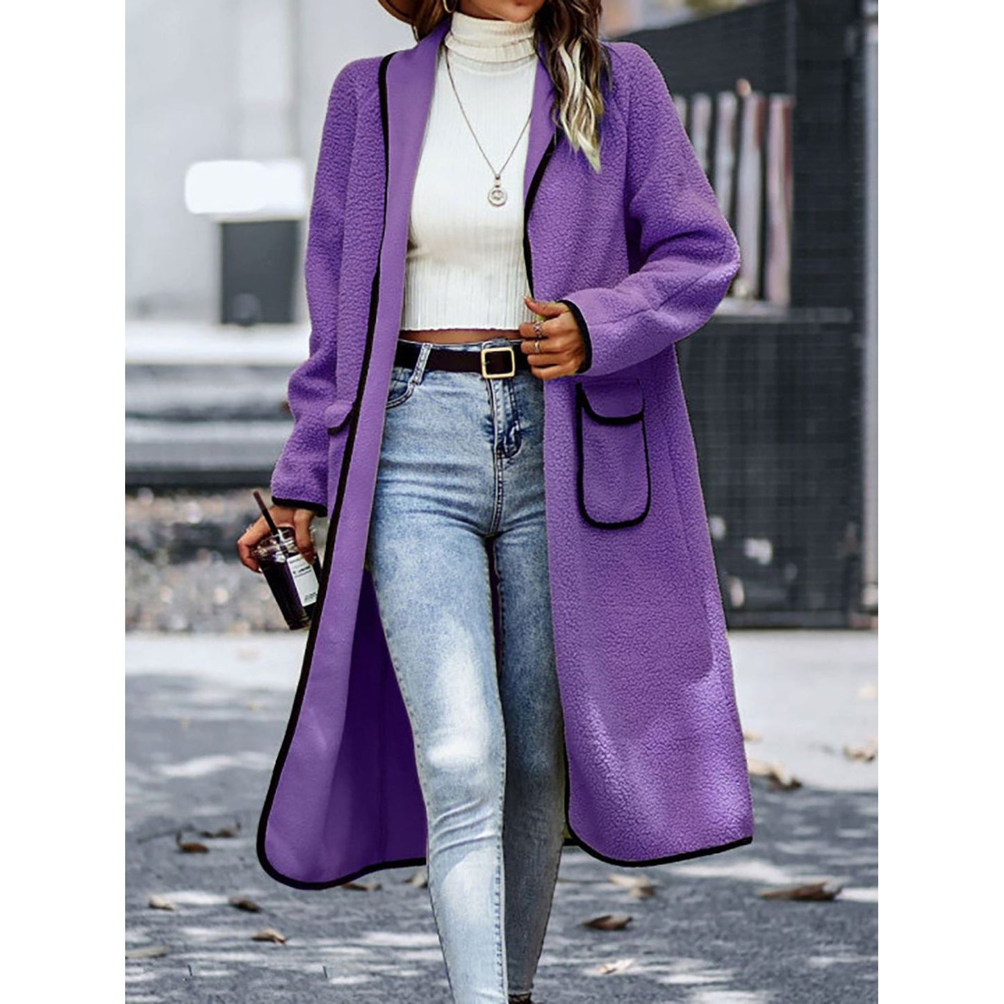 Full Size Contrast Trim Long Sleeve Coat with Pockets