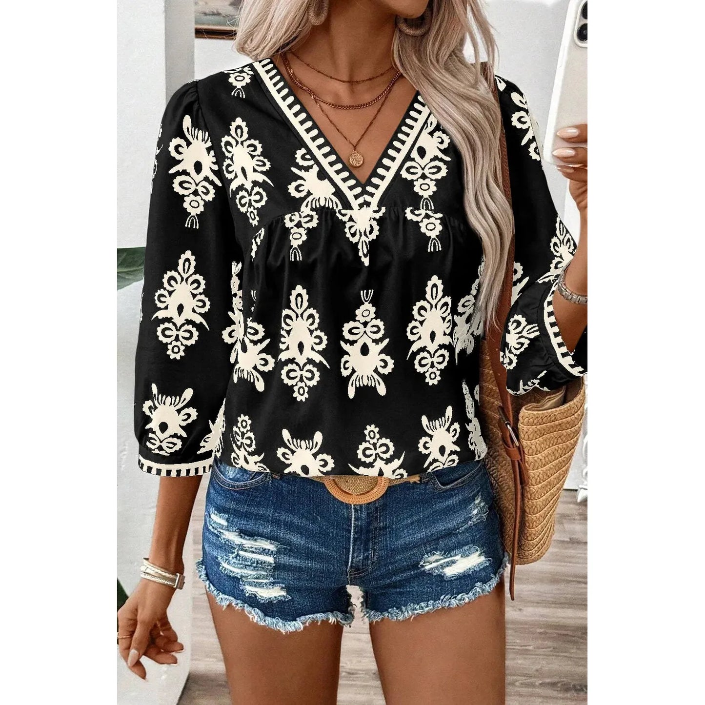 Printed V-Neck Three-Quarter Sleeve Blouse