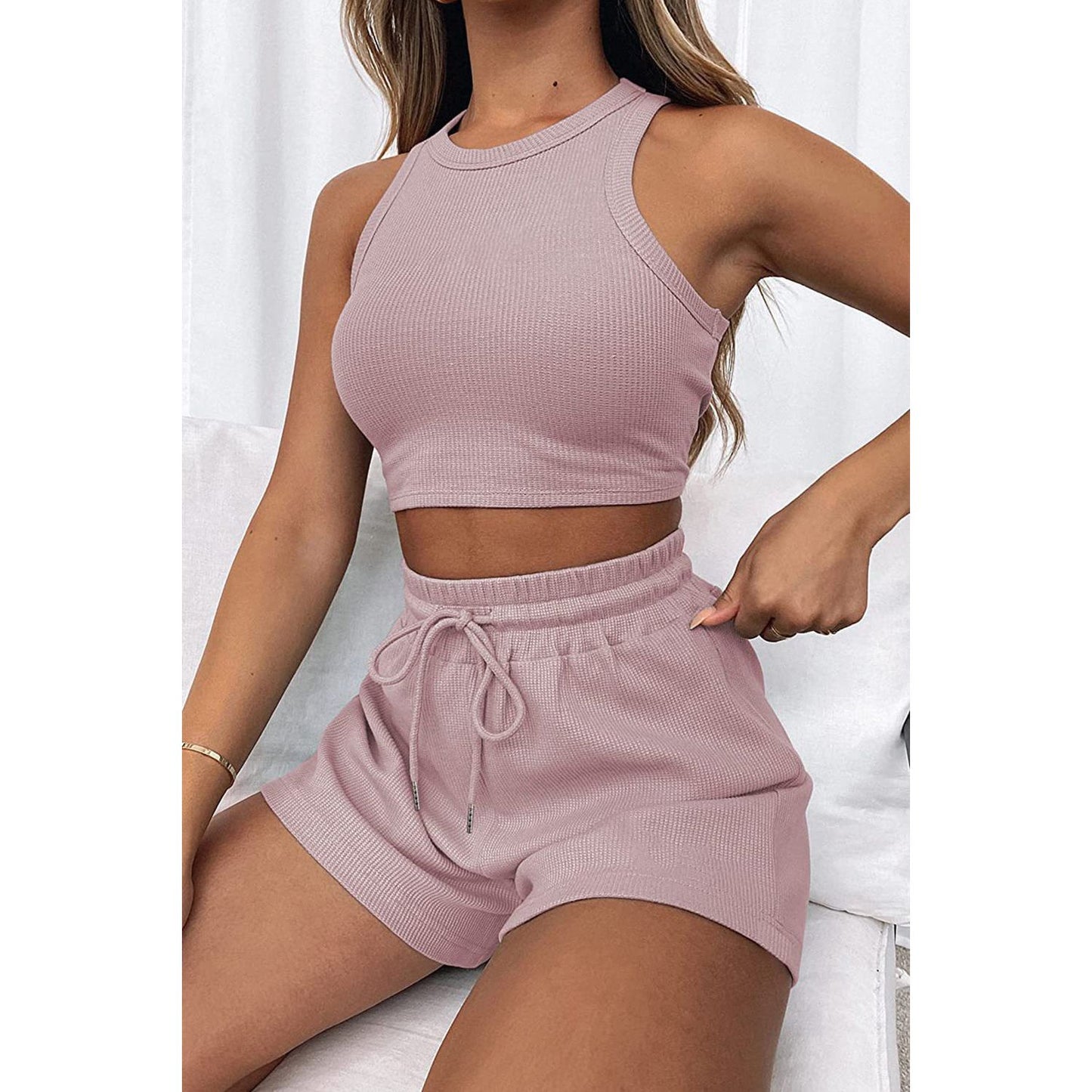 Round Neck Top and Drawstring Shorts Set