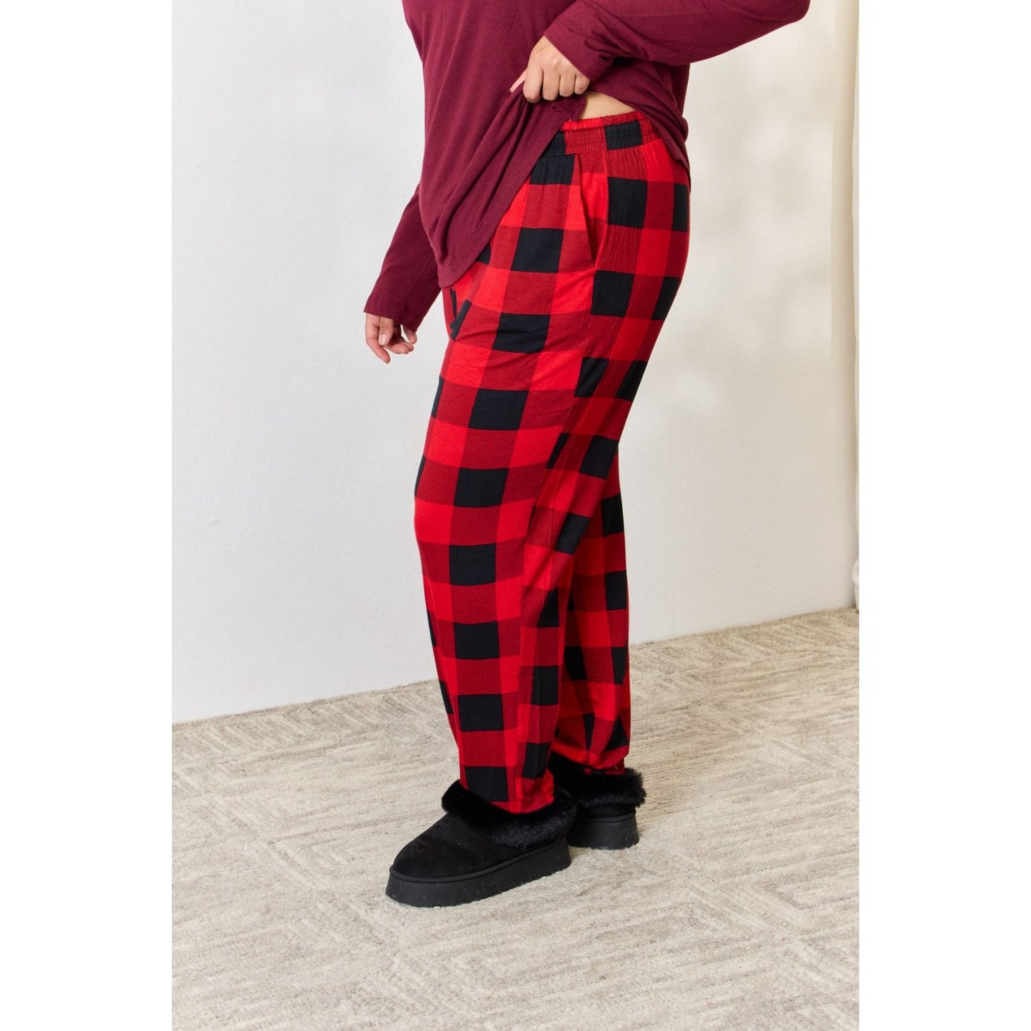 Zenana Full Size Plaid Round Neck Top and Pants Pajama Set