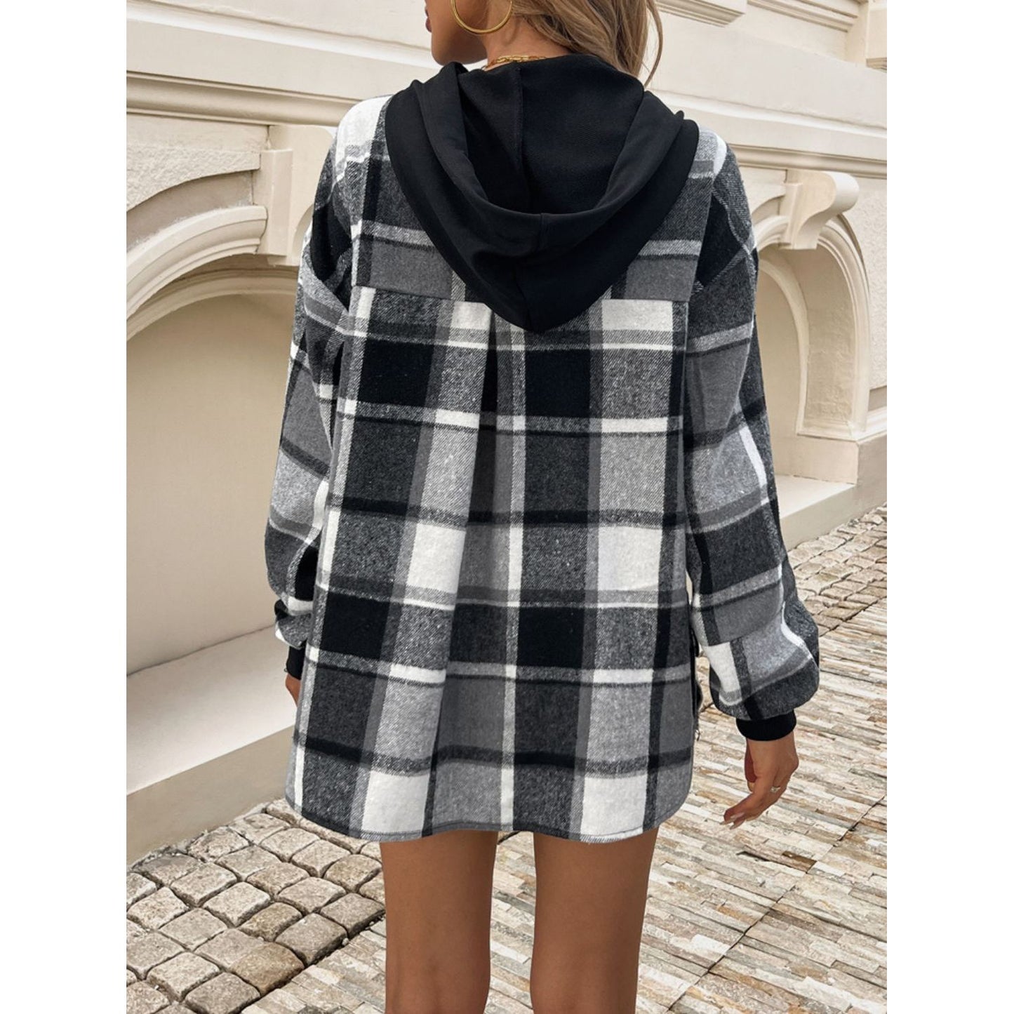 Devine Drawstring Plaid Long Sleeve Hoodie