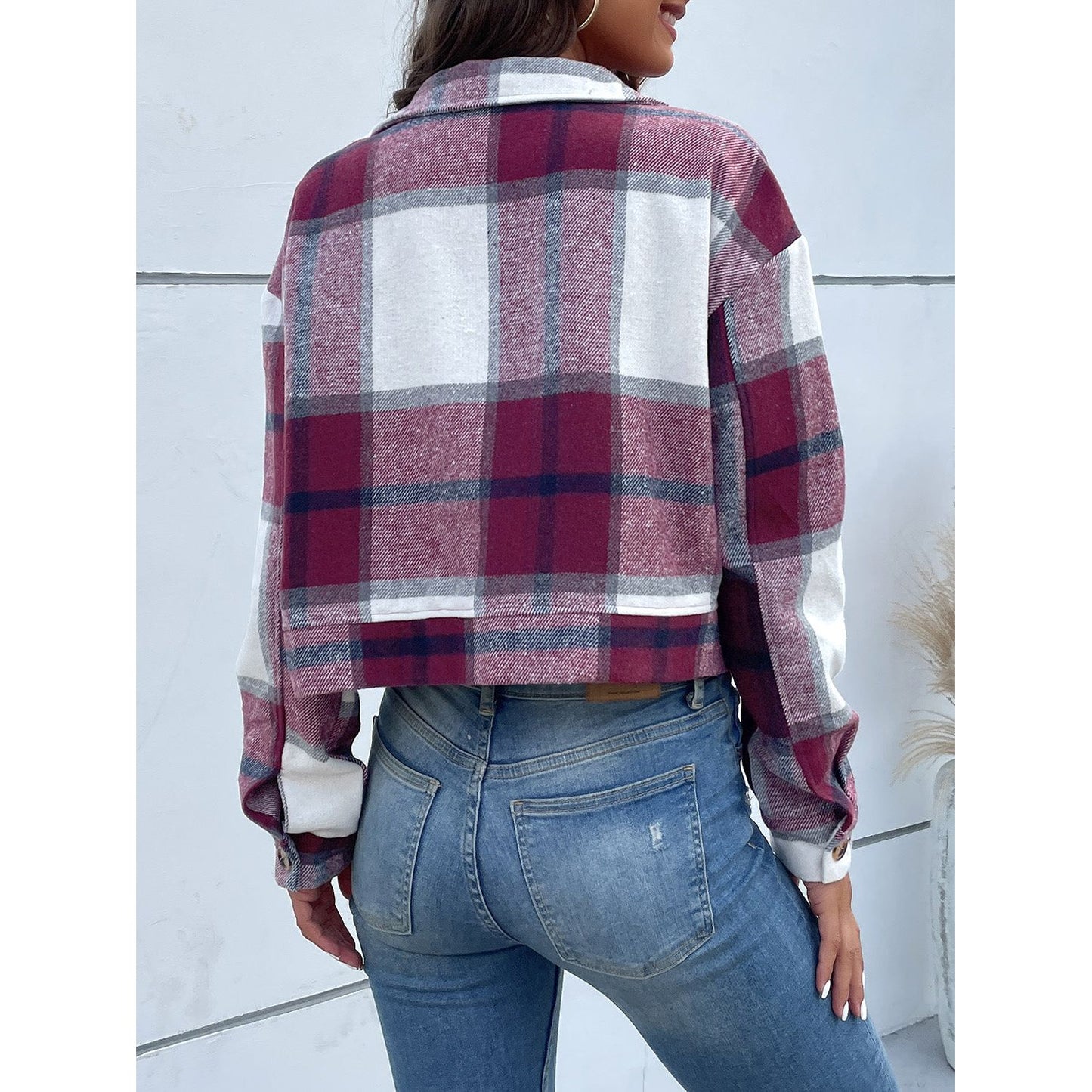 Perfee Plaid Button Up Drop Shoulder Cropped Jacket