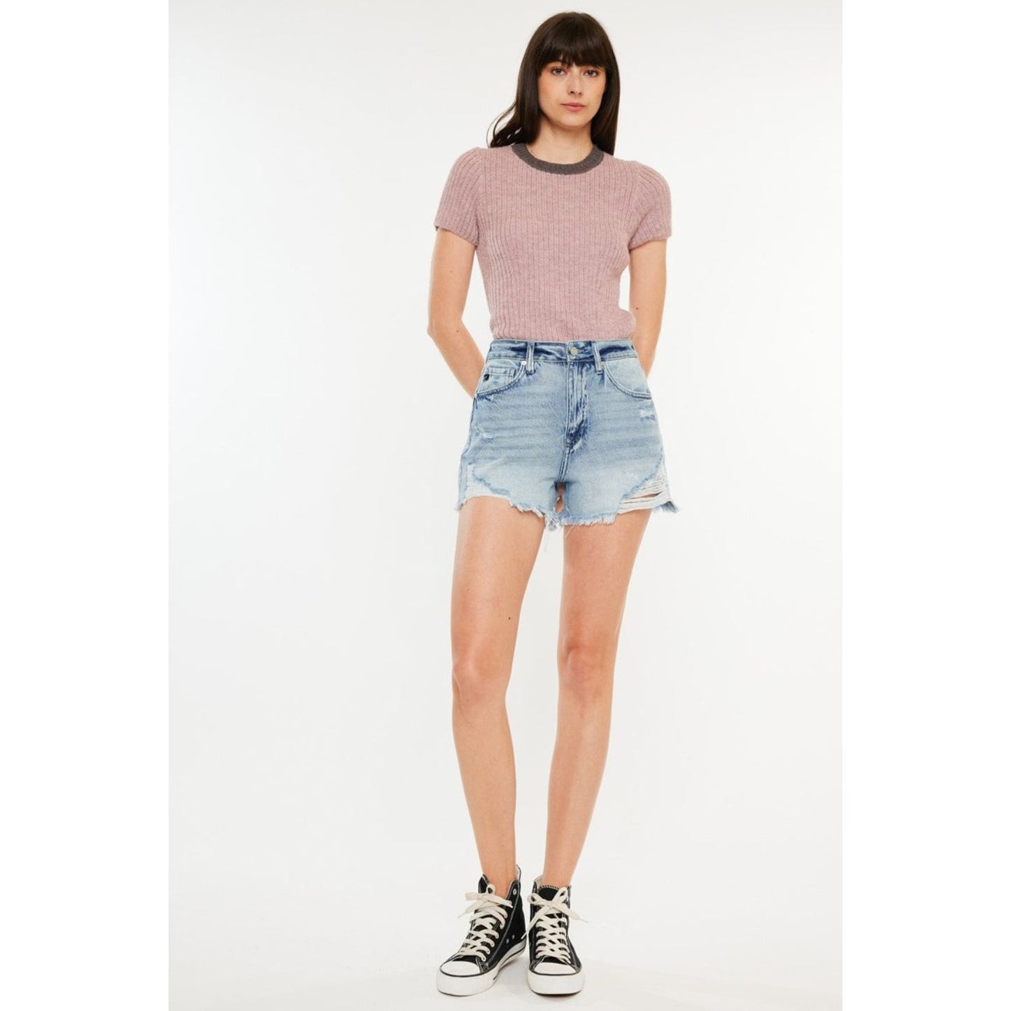 Kancan Distressed High Waist Denim Shorts with Pockets