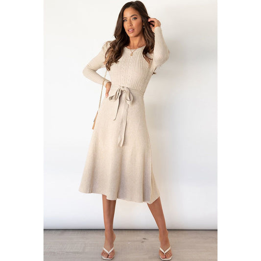 Round Neck Long Sleeve Tie Waist Sweater Dress