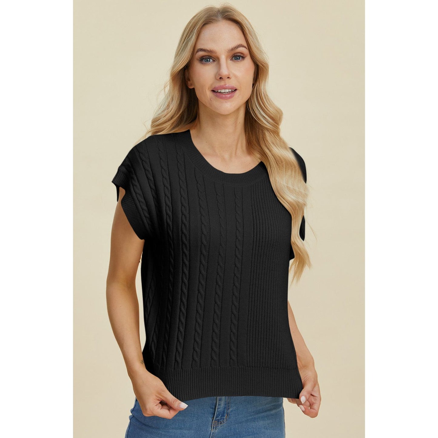 Double Take Full Size Cable-Knit Round Neck Short Sleeve Sweater