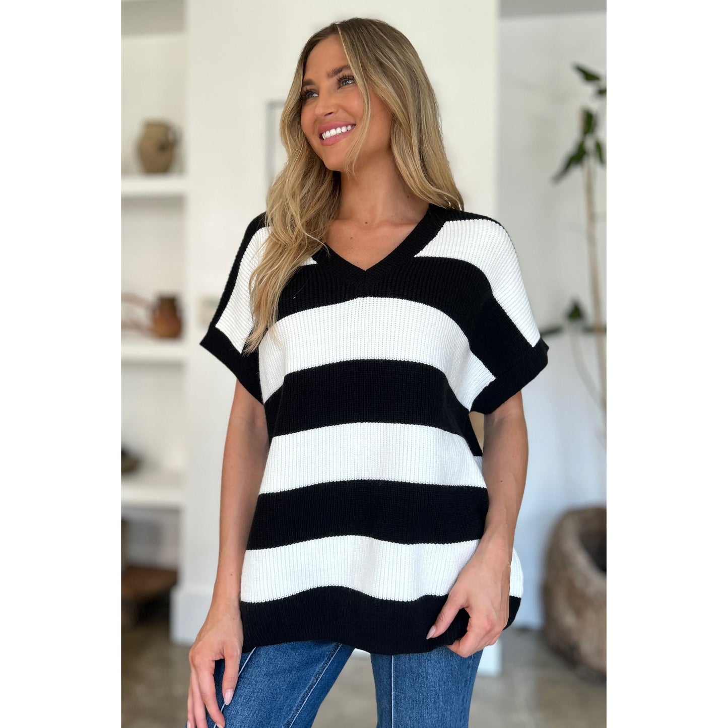 Double Take Full Size Striped V-Neck Short Sleeve Sweater