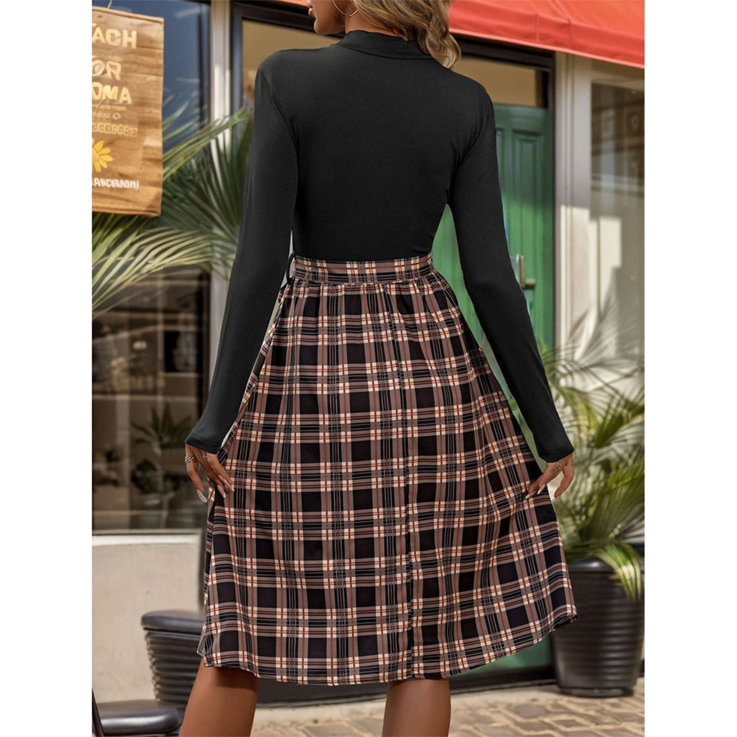 Perfee Plaid Mock Neck Long Sleeve Dress