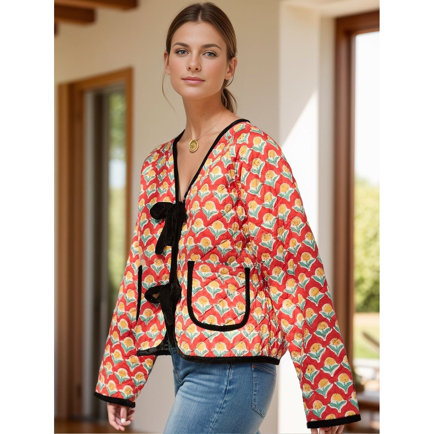 Tied Printed Long Sleeve Jacket