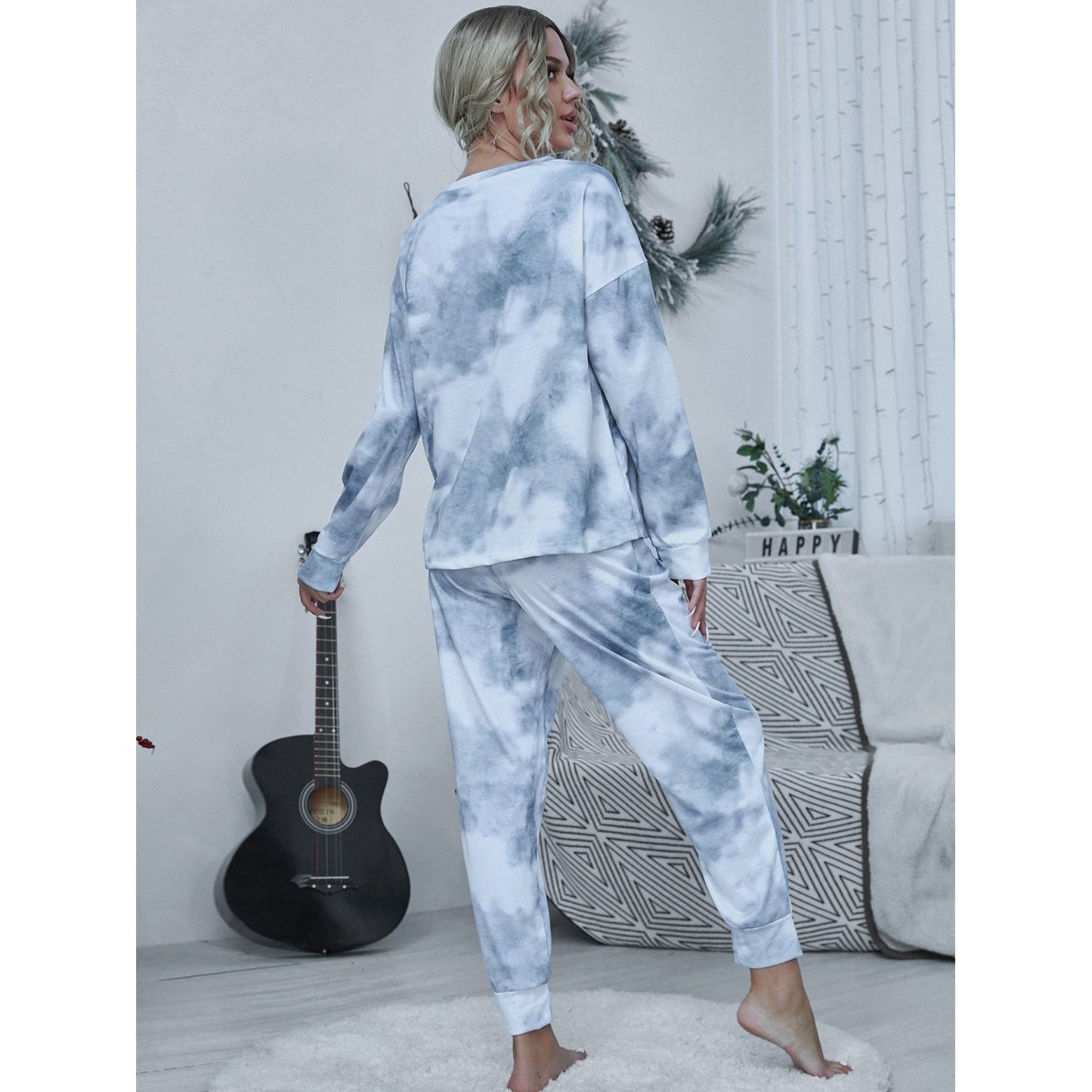 Shiny Tie-dye Round Neck Top and Drawstring Pants Lounge Set