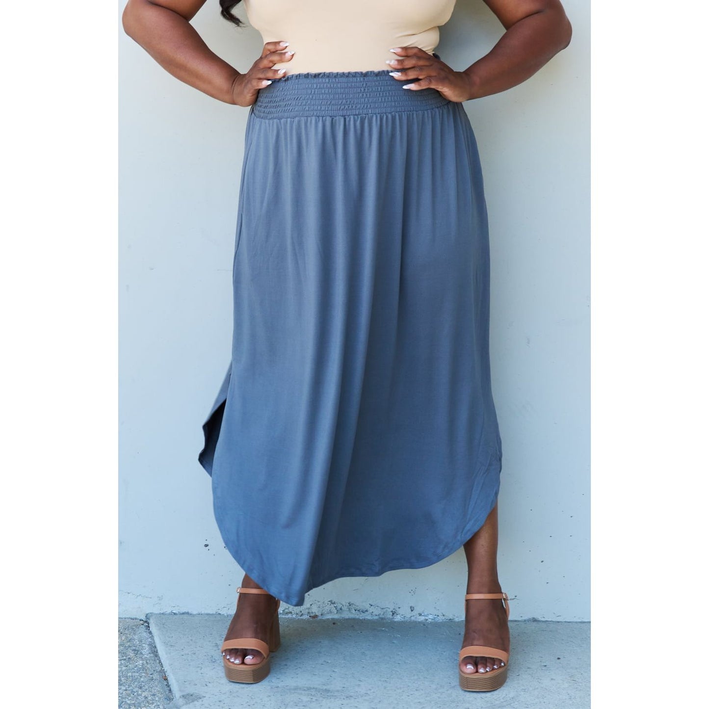 Doublju Comfort Princess Full Size High Waist Scoop Hem Maxi Skirt in Charcoal