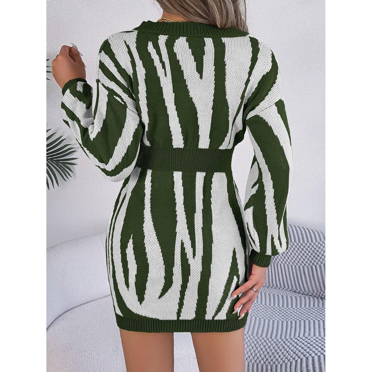 Animal Print V-Neck Long Sleeve Sweater Dress