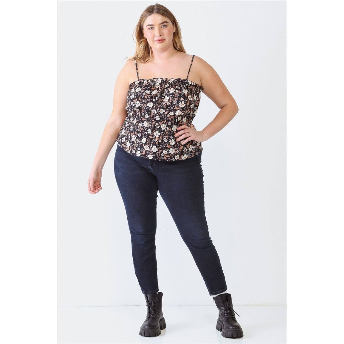 Zenobia Plus Size Frill Floral Square Neck Cami