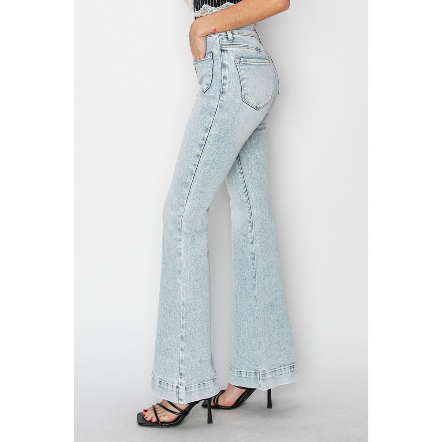 Risen Full Size High Rise Front Patch Pocket Flare Jeans