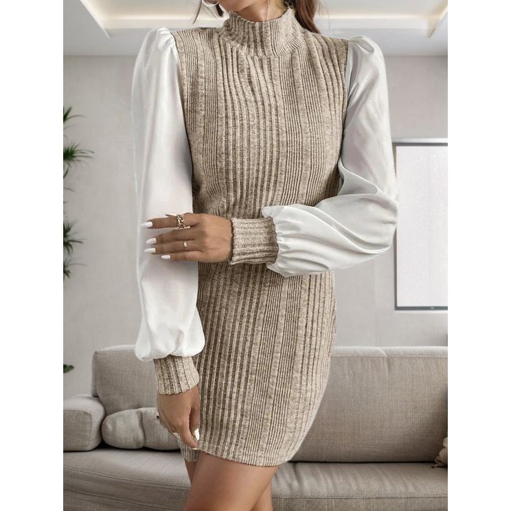 Ribbed Contrast Long Sleeve Sweater Dress