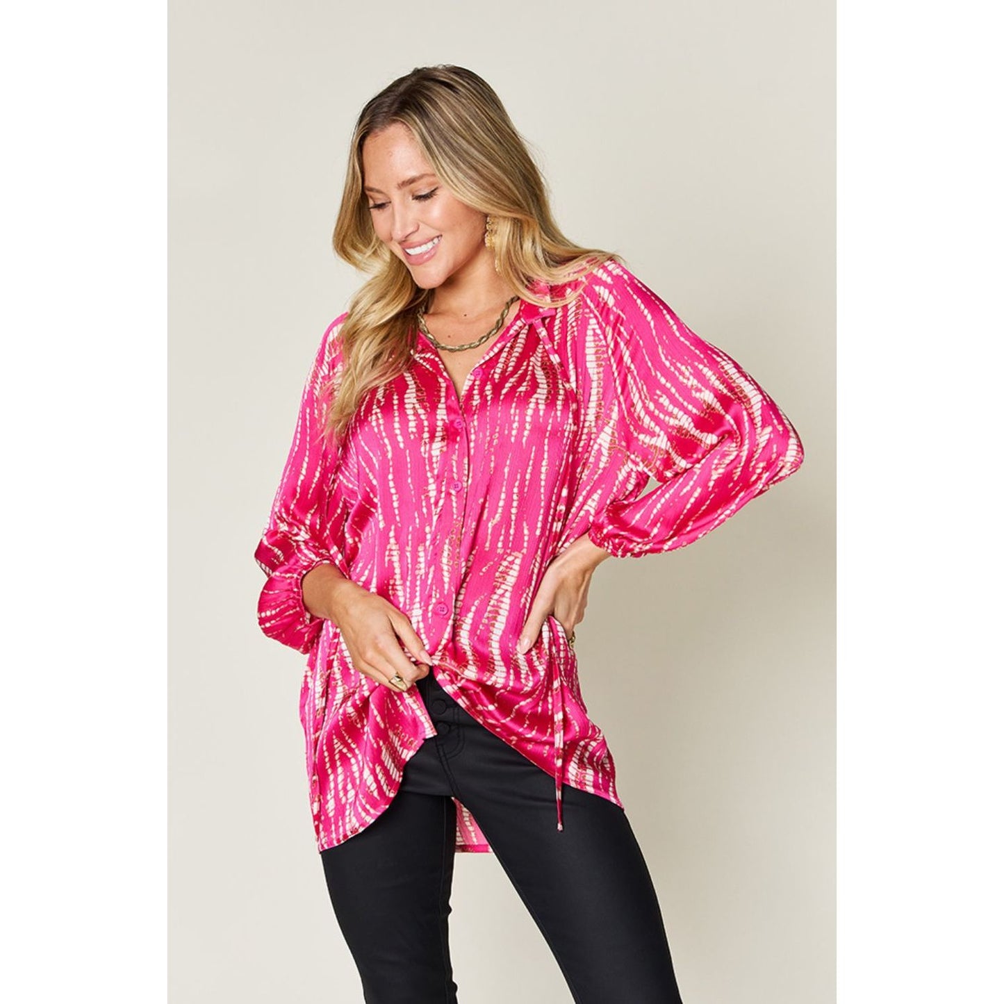 Double Take Full Size Printed Button Up Long Sleeve Shirt