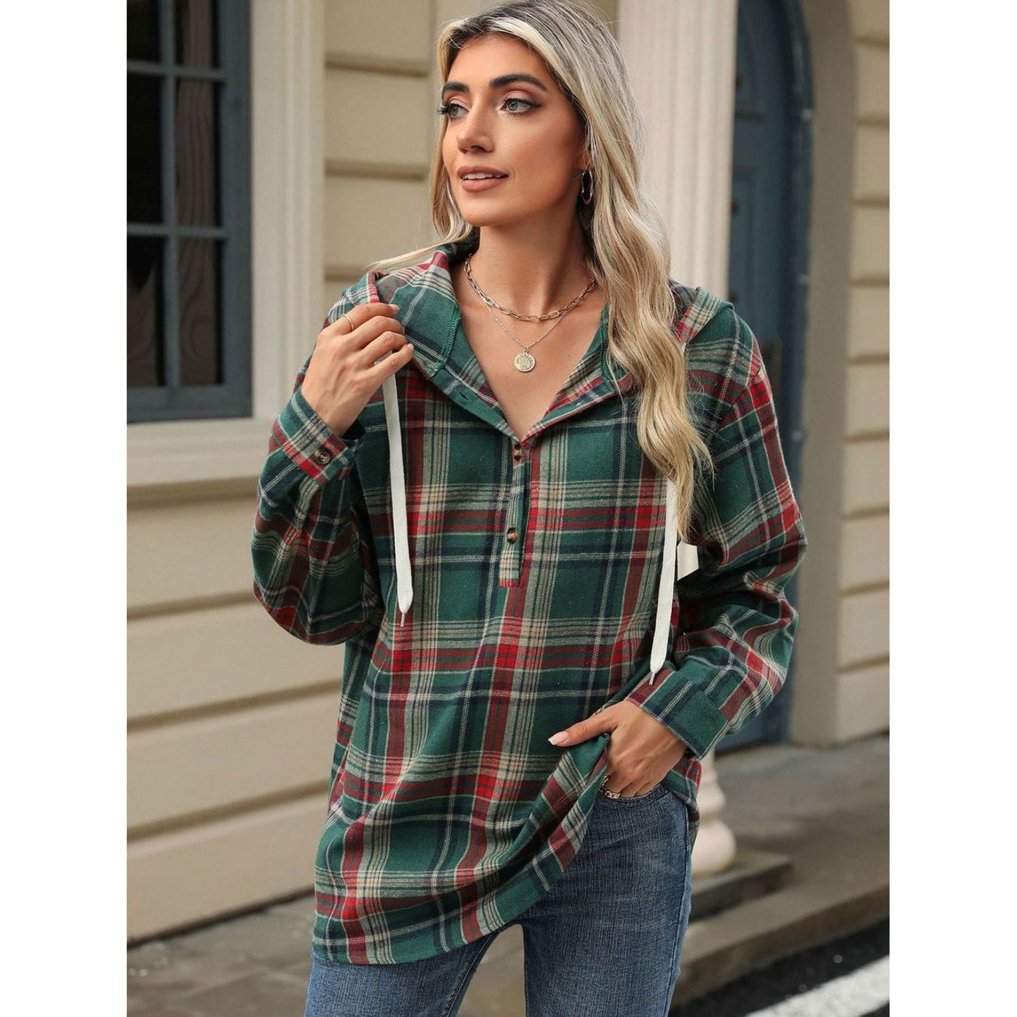 Drawstring Plaid Hooded Long Sleeve Top