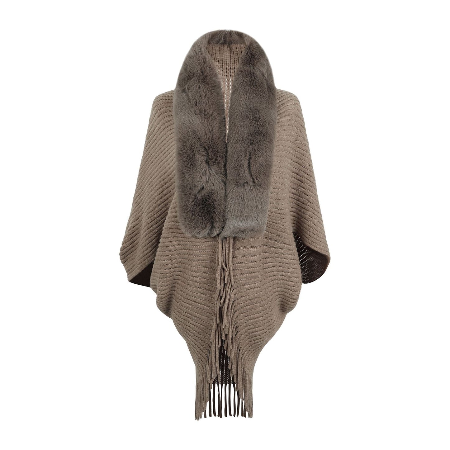 Fringe Detail Long Sleeve Ribbed Poncho