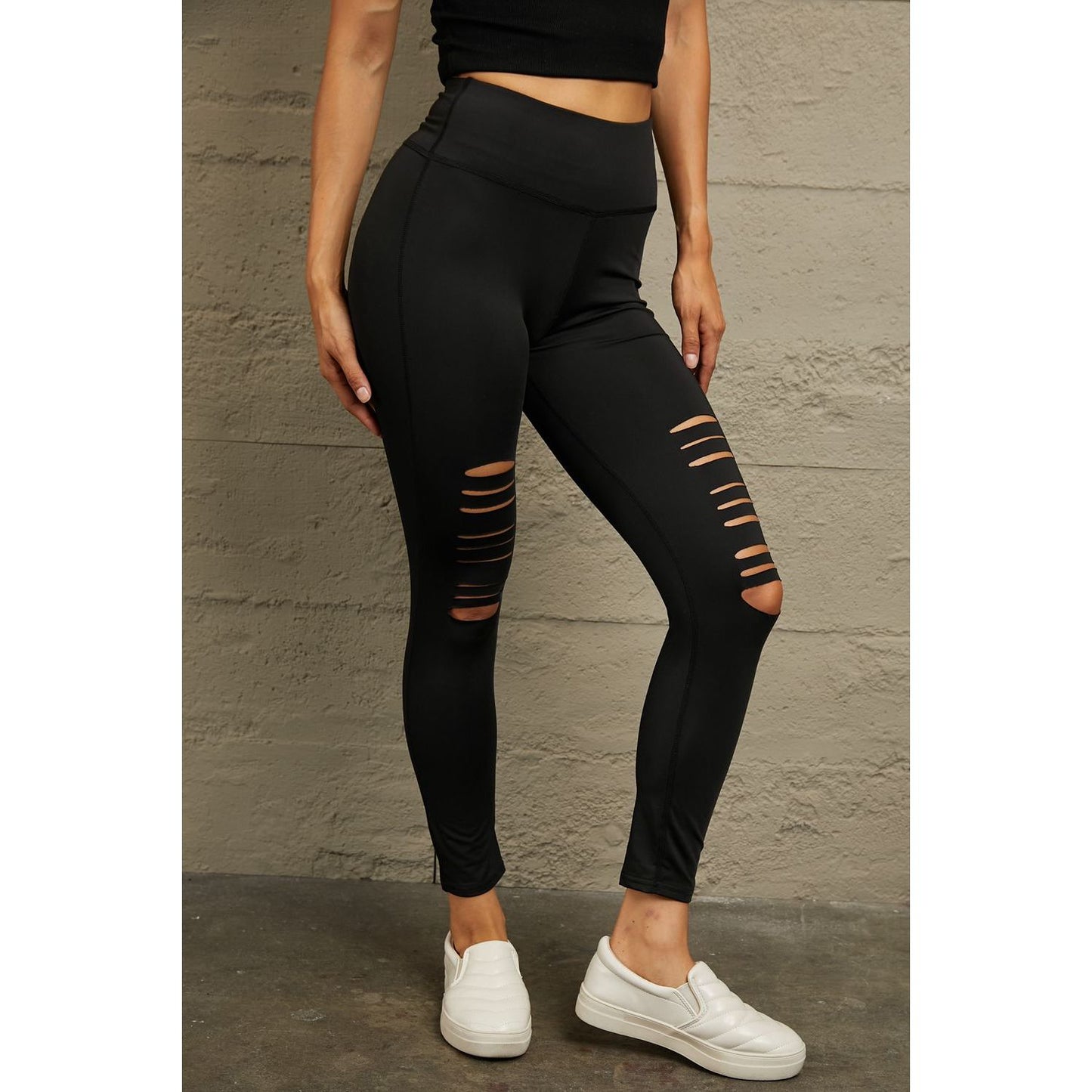 Double Take Wide Waistband Distressed Slim Fit Leggings