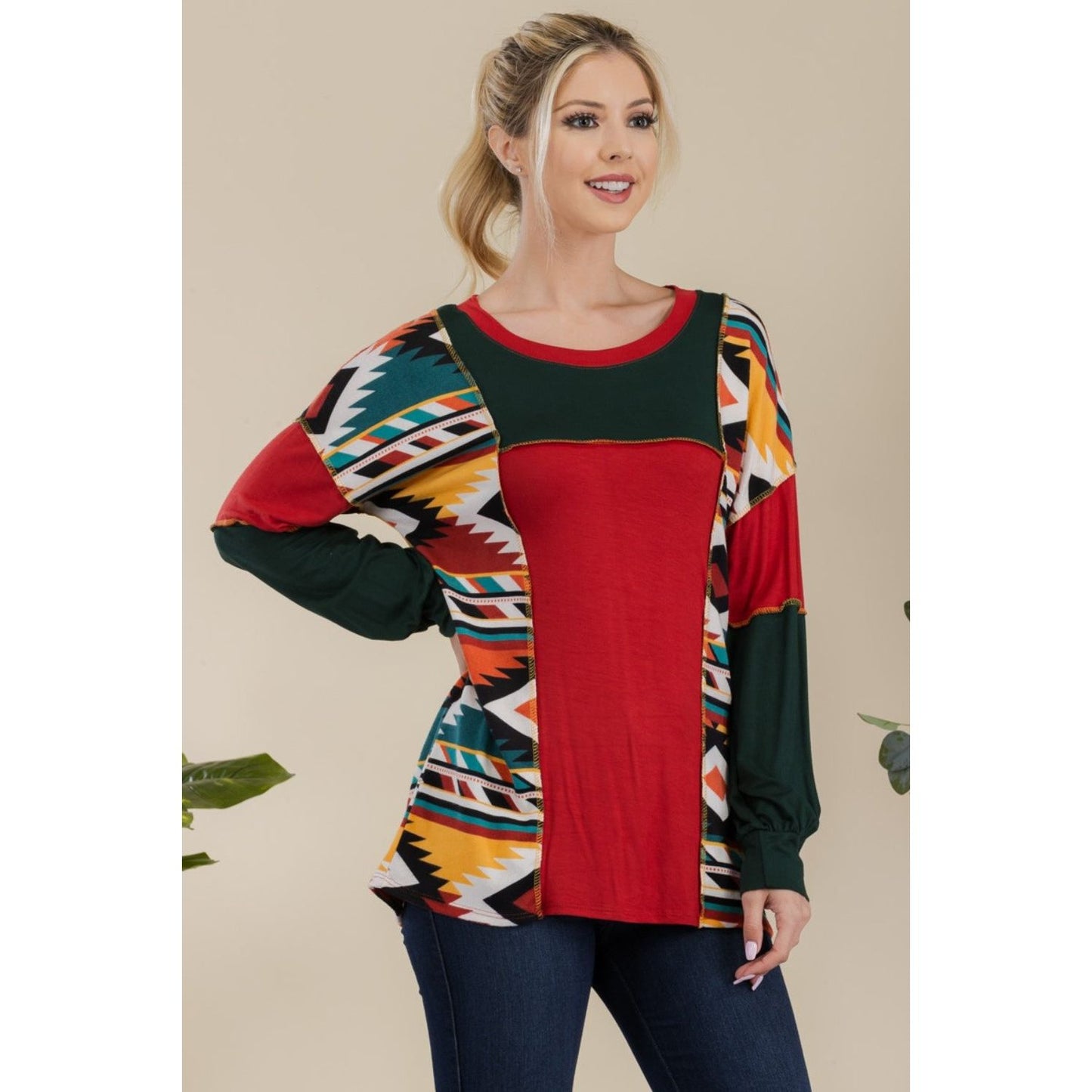 Celeste Full Size Exposed Seam Printed Color Block T-Shirt