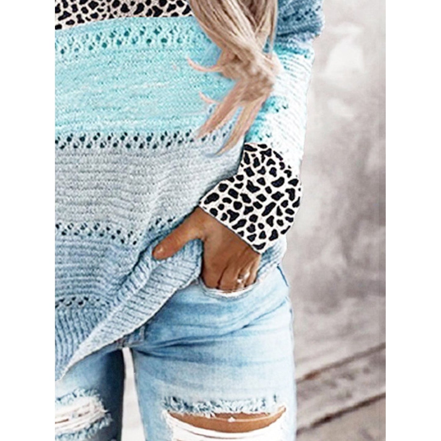 Full Size Openwork Leopard Drawstring Hooded Sweater