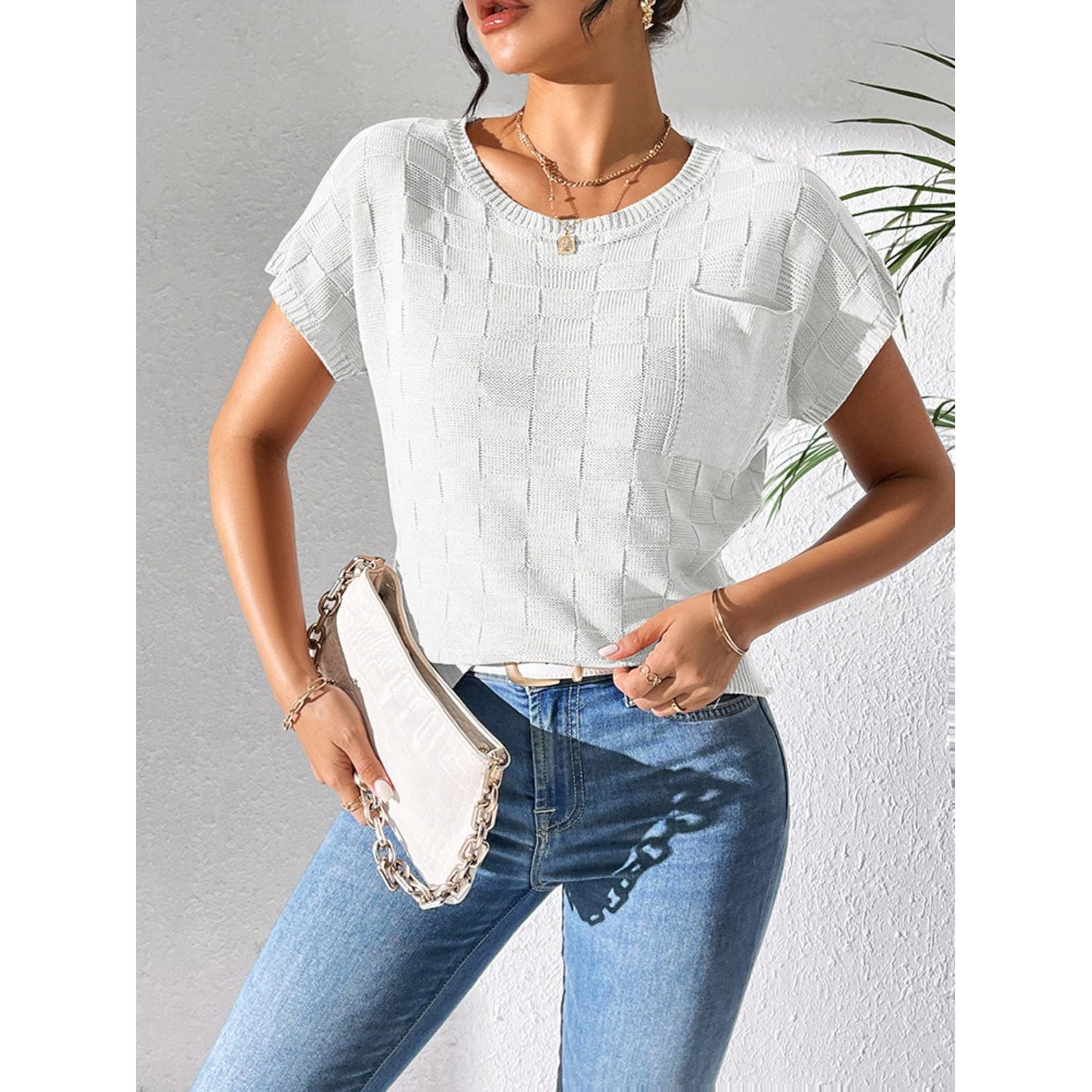 Round Neck Short Sleeve Knit Top