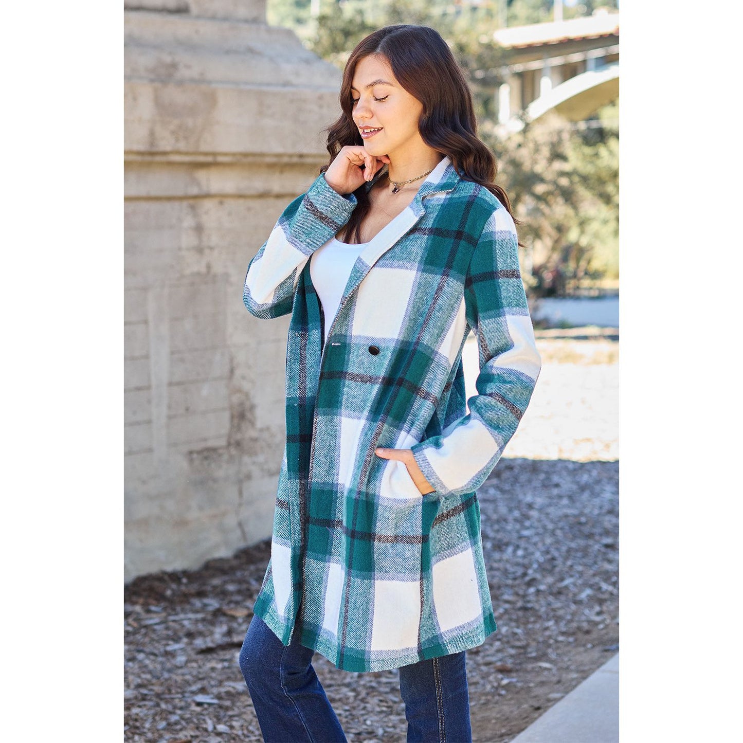 Double Take Full Size Plaid Button Up Lapel Collar Coat